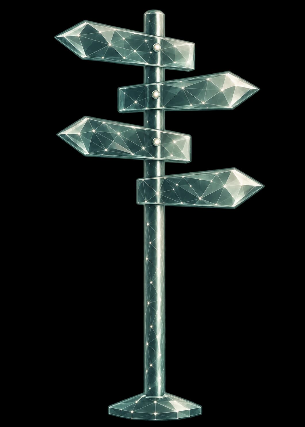 A teal signpost with arrows pointing in different directions, symbolising human agency and the freedom to choose.