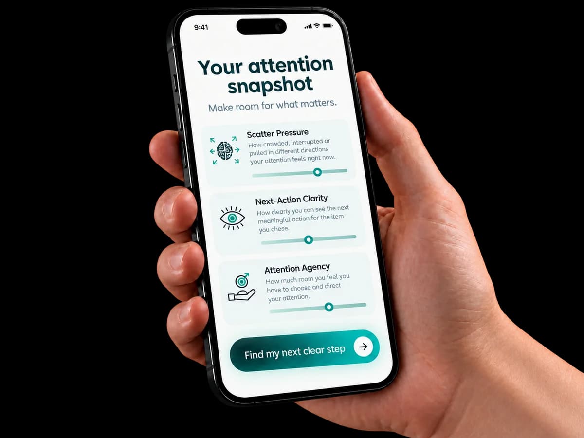 A phone showing unscatter’s Clear Mind indicators: Scatter Pressure, Next-Action Clarity and Attention Agency, with their brain, eye and hand-with-target icons.
