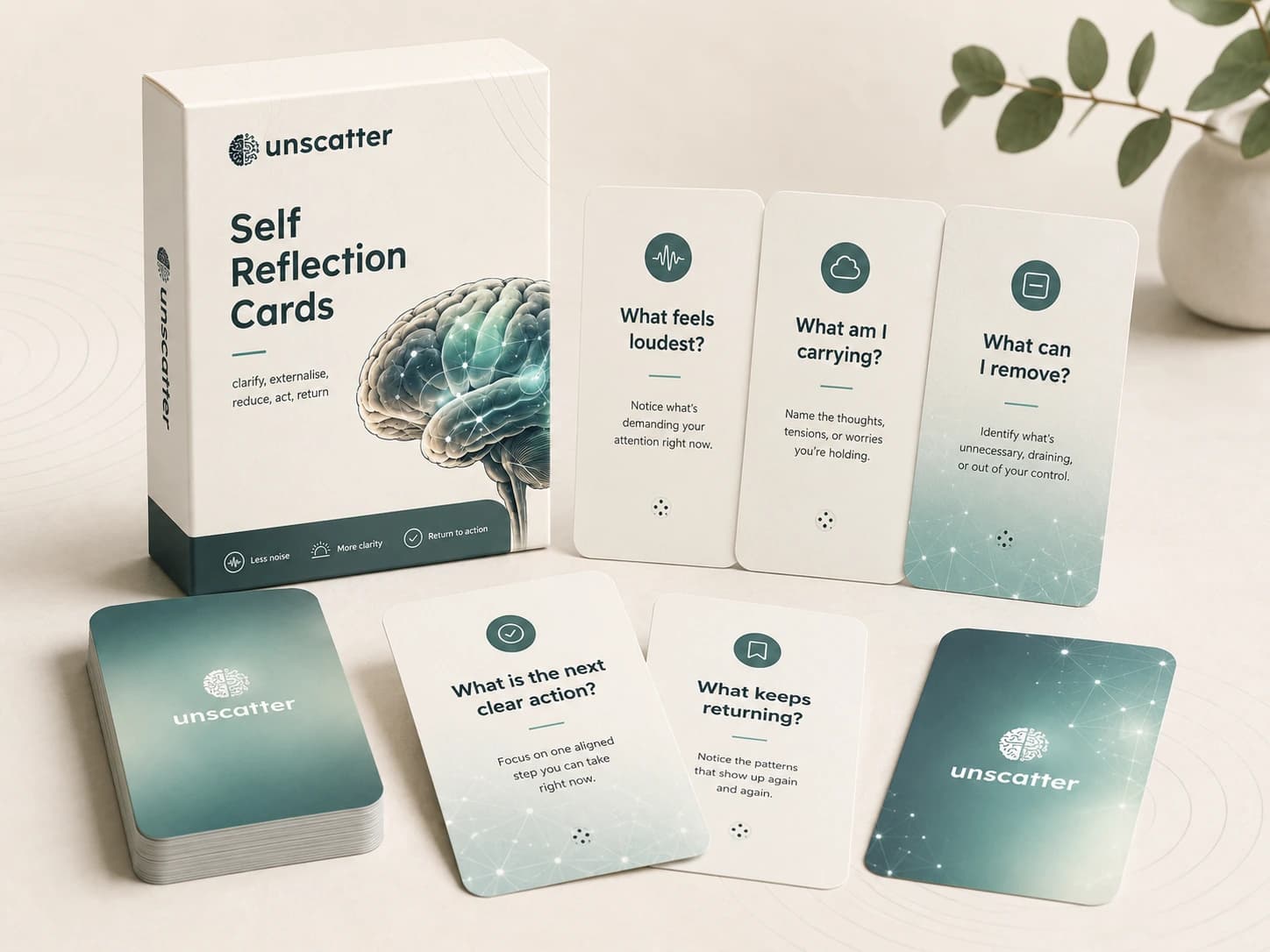 unscatter Self Reflection Cards with prompts for noticing thoughts and choosing a clear next action