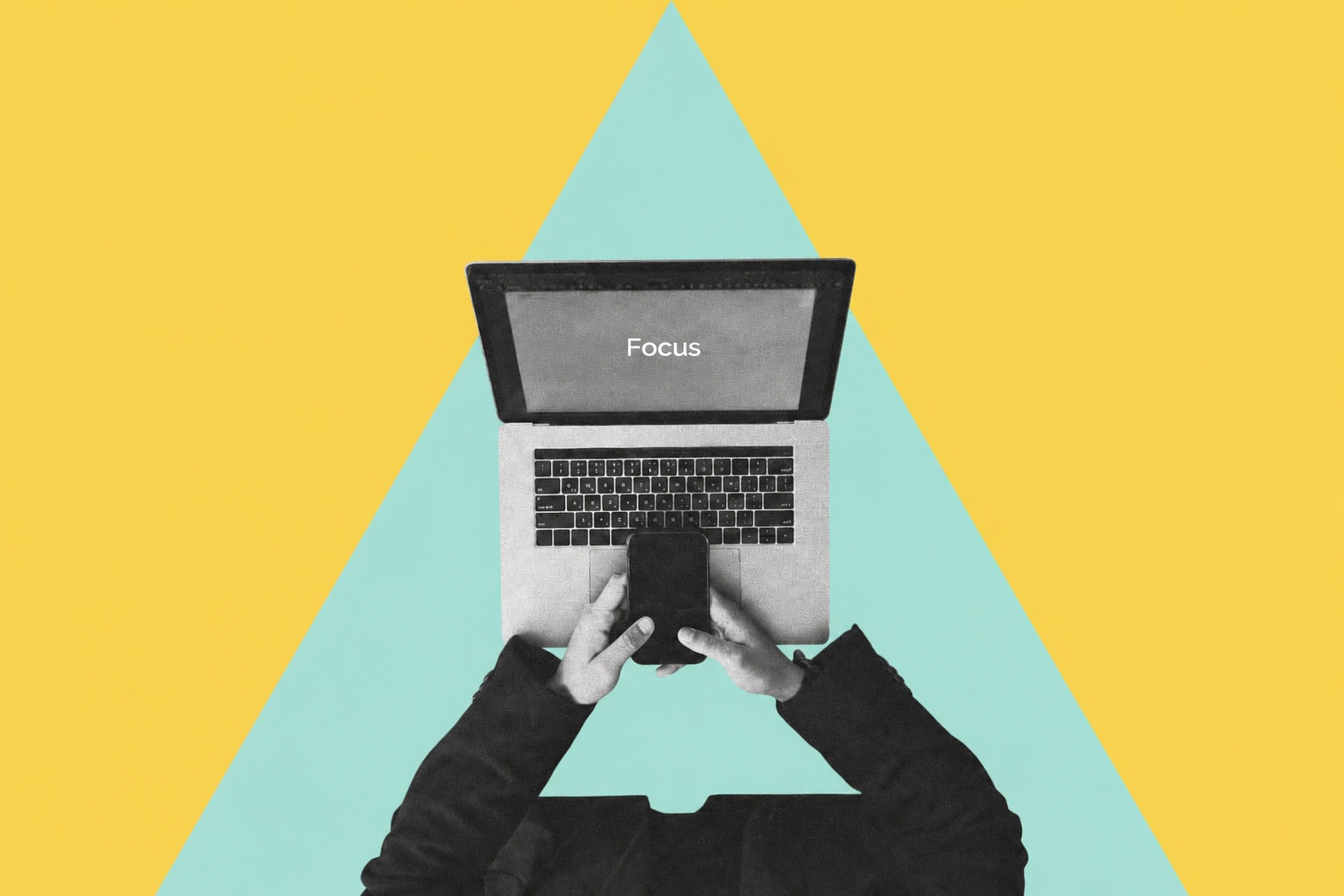 A person holding a phone above a laptop displaying Focus, over a mint green triangle on a yellow background