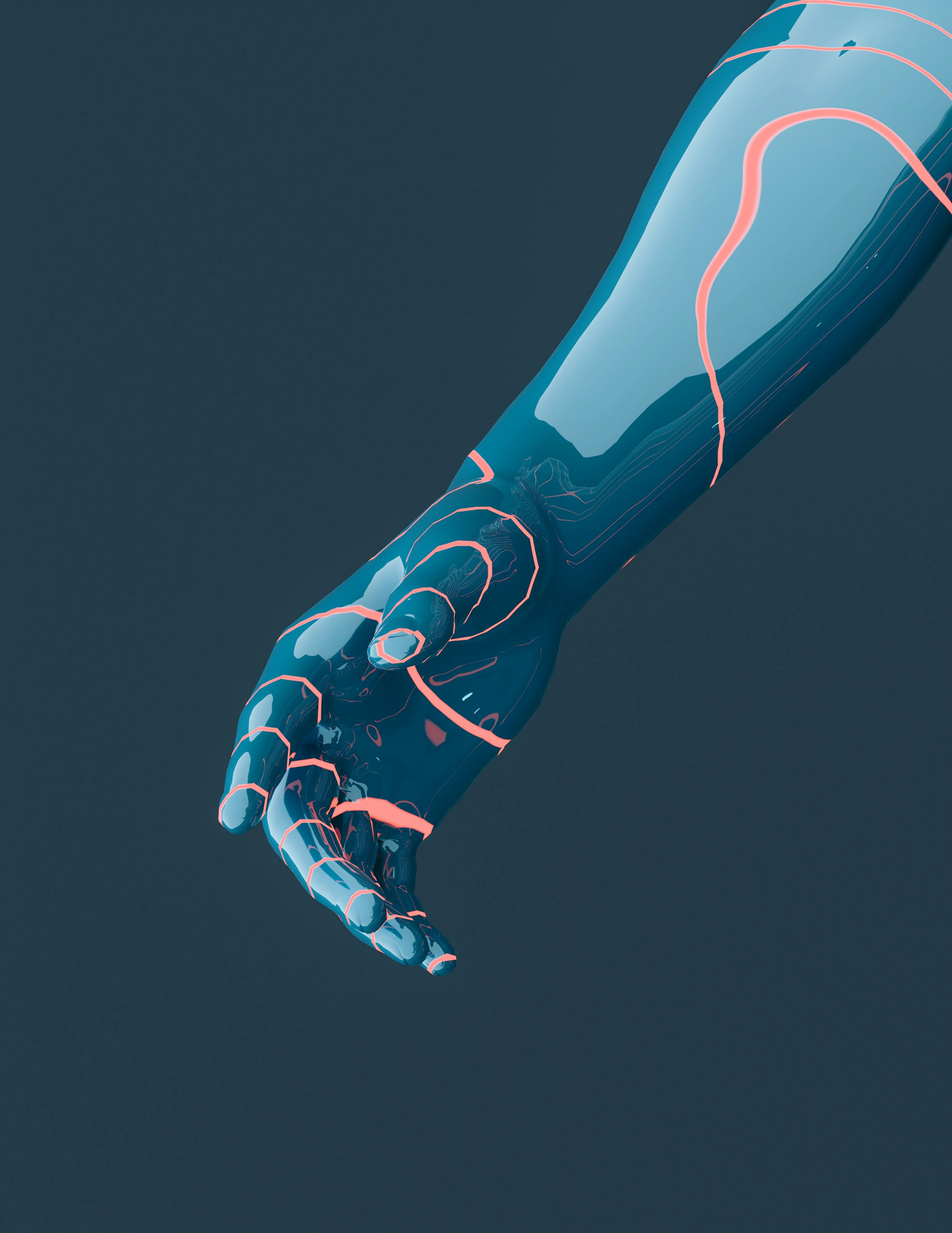An abstract blue arm and hand traced with coral lines against a dark blue background