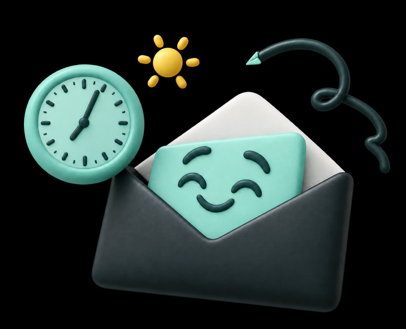 A pleased mint note in a charcoal envelope, with a morning clock and a yellow sun.
